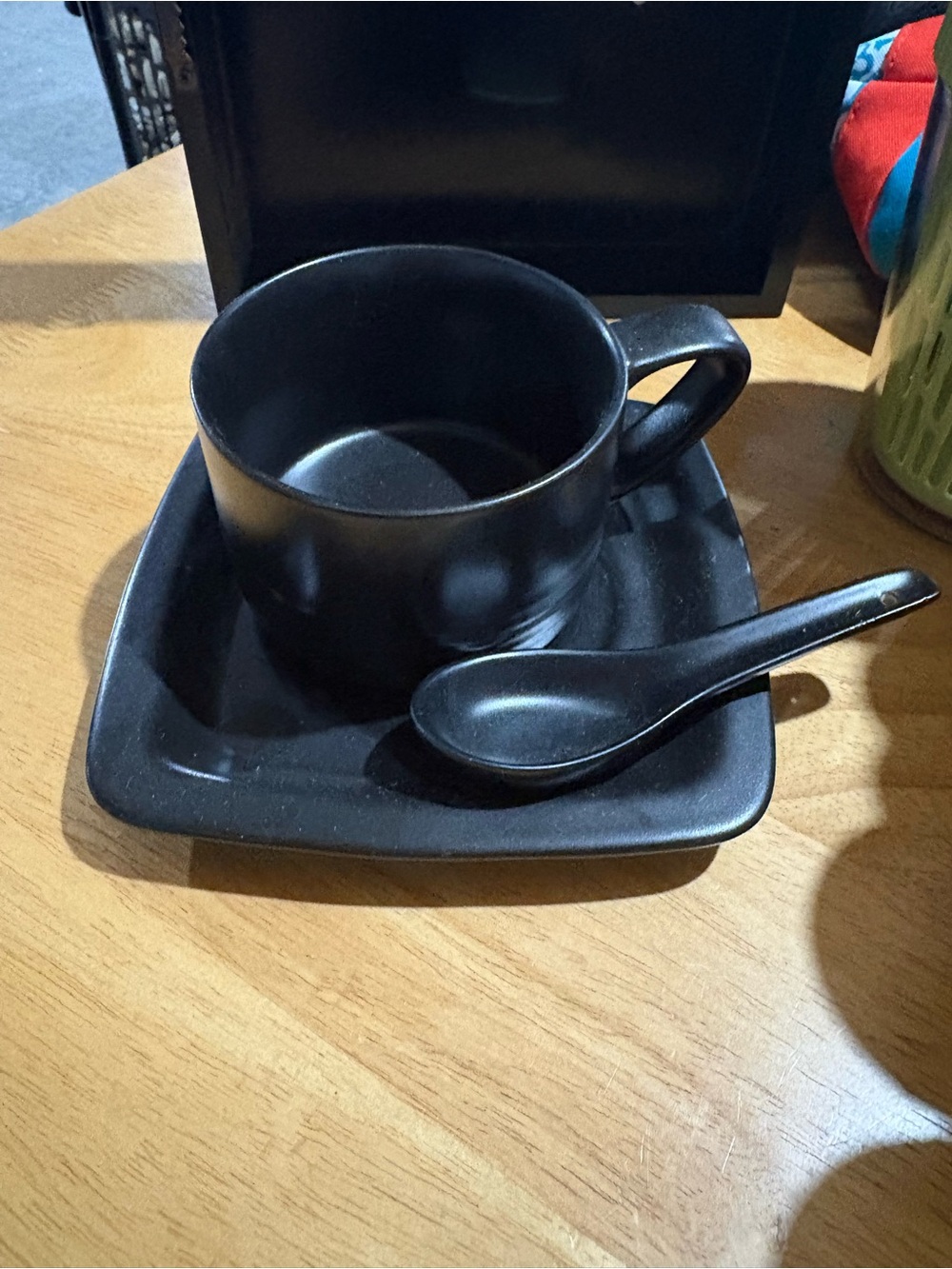 IKEA Matte Black Ceramic Tea Cup, Saucer and Spoon Set - Home Dining